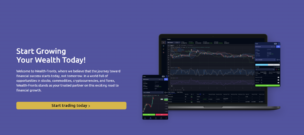 Wealth-Fronts trading platform interface showing charts, market data, and trading tools across desktop and mobile devices.
